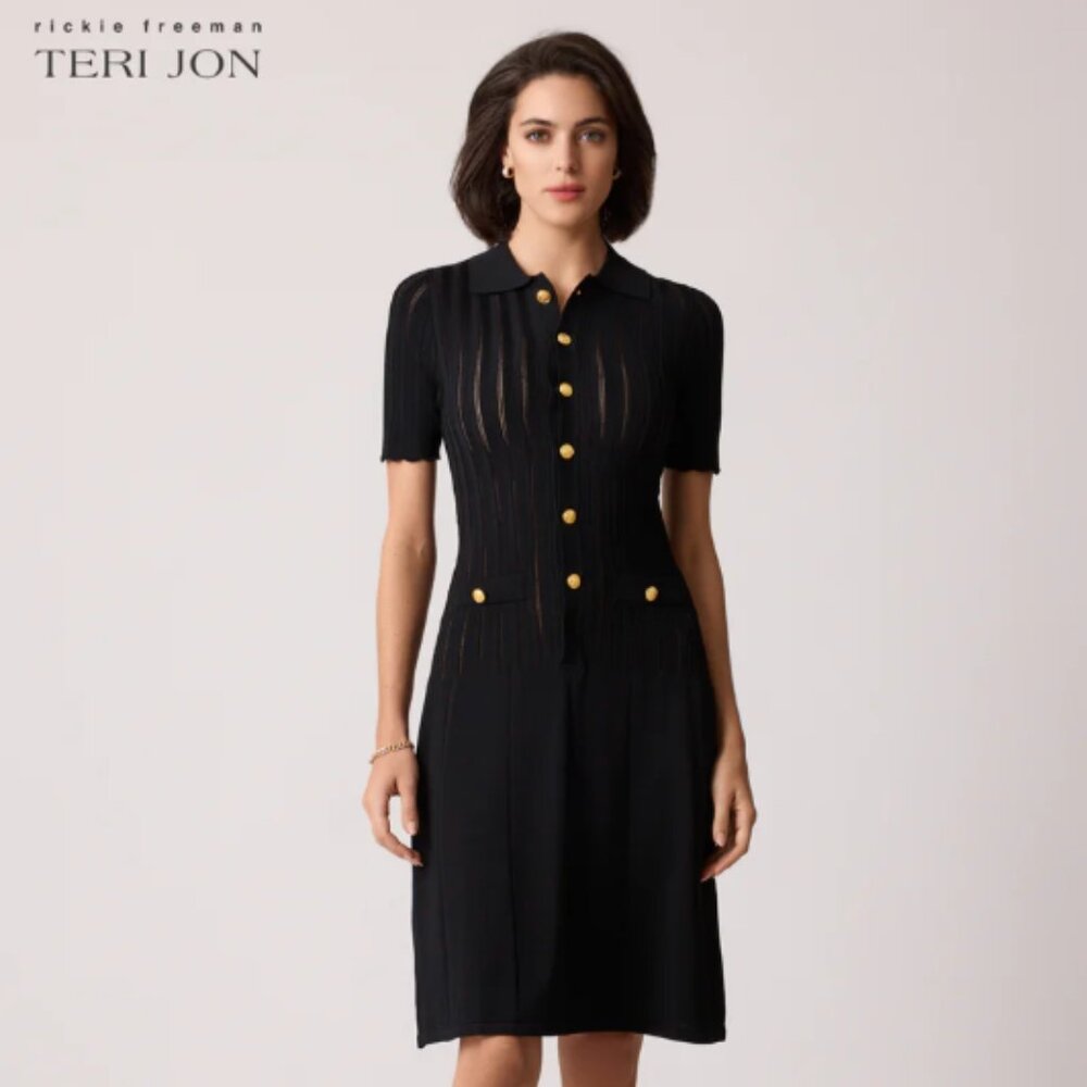 Teri Jon Knit Scallop Dress With Gold Buttons, Originally $380, Size L, Tags On!